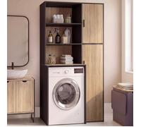 IDMARKET Meuble buanderie machine à laver ou sèche-linge WALLIS avec étagères et placard de rangement noir et bois