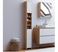 IDMarket - Meuble Colonne Salle de Bain TOMI 2 Portes 4 niches façon hêtre et Blanc