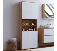 IDMarket - Meuble Colonne Salle de Bain TOMI 4 Portes 2 niches façon hêtre et Blanc