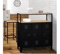 IDMARKET Meuble de bar buffet ESTER 3 portes en métal noir plateau façon hêtre