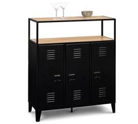 IDMarket Meuble de bar buffet ESTER 3 portes métal noir plateau façon hêtre