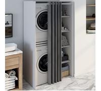 IDMARKET Meuble de buanderie double machine à laver avec rideau coulissant gris WALLIS blanc