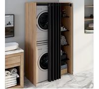 IDMARKET Meuble de buanderie double machine à laver avec rideau coulissant WALLIS hêtre et noir