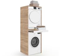 IDMarket - Meuble de buanderie pour Machine à Laver et sèche-Linge Wallis Plateau Coulissant pour Panier à Linge Bois et Blanc