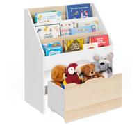 IDMarket - Bibliothèque enfant Mana - 3 étagères et 1 bac sur roulettes - Blanc et hêtre