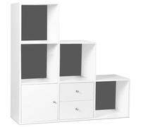 IDMarket Meuble de rangement en escalier Liam 3 niveaux bois blanc fond gris porte et tiroirs