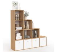 IDMarket - Meuble de Rangement en escalier LORYS 4 Niveaux Bois et Blanc avec 4 tiroirs en Tissu