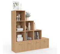 IDMarket - Meuble de Rangement en escalier LORYS 4 Niveaux Effet Lattes Juliette avec 4 tiroirs en Tissu