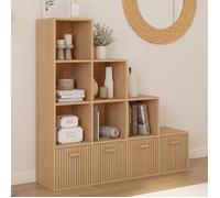 IDMarket - Meuble de Rangement en escalier LORYS 4 Niveaux Effet Lattes Juliette avec 4 tiroirs en Tissu