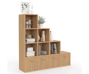 IDMarket - Meuble de Rangement en escalier LORYS 4 Niveaux Effet Lattes Juliette avec 4 tiroirs en Tissu