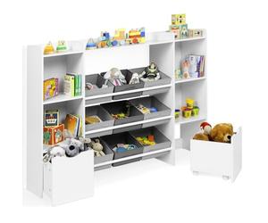 IDMarket - Meuble de Rangement Enfant Mana Blanc | Avec 7 étagères + 2 tiroirs cubes sur roulettes + 9 bacs en tissu gris clair et gris foncé