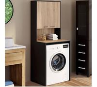 IDMARKET Meuble dessus de machine à laver WALLIS avec placard noir et bois façon hêtre