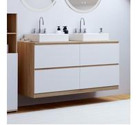 IDMARKET Meuble double vasque suspendu salle de bain TOMI 120 cm 4 tiroirs façon hêtre et blanc