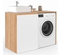 IDMarket - Meuble Machine à Laver ou sèche-Linge avec Placard TOMI, Meuble Vasque Bois façon hêtre et Blanc