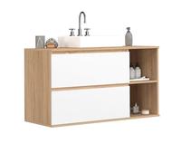 IDMarket - Meuble sous Vasque Suspendu Salle de Bain TOMI 2 tiroirs et 2 niches façon hêtre et Blanc