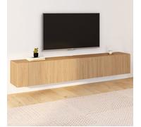 Meuble TV 180 cm suspendu JULIETTE lattes tasseau bois coloris chêne