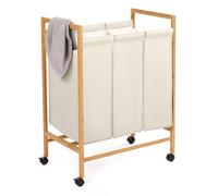 IDMarket - Panier à Linge 3 Compartiments Bambou Rita Tissu écru avec roulettes