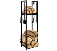 IDMarket – Range bûches vertical pour cheminée H.112 cm avec 2 étagères et accessoires acier noir