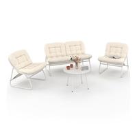 IDMarket Salon de jardin ARONA bas 4 places métal blanc, coussins beiges, canapé fauteuils table