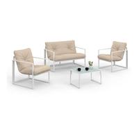 IDMarket - Salon de jardin bas Nairobi - 4 places en acier blanc et coussins beige