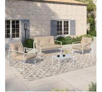 IDMARKET Salon de jardin bas NAIROBI 4 places en acier blanc et coussins beiges