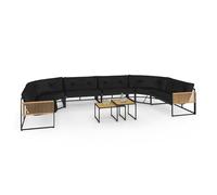 IDMarket Salon de jardin bas d'angle Rio 12 places - métal noir, cordage effet rotin, coussins noirs