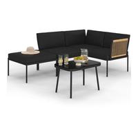 IDMarket Salon de jardin bas RIO 4 places modulable métal noir, cordage rotin clair, coussins noirs