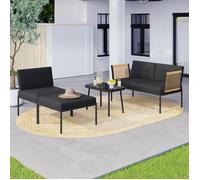 IDMarket Salon de jardin bas RIO 4 places modulable métal noir, cordage rotin clair, coussins noirs