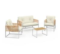 IDMarket – Salon de jardin Rio 4 places, structure métal blanc, cordage rotin clair, coussins beiges