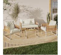 IDMarket – Salon de jardin Rio 4 places, structure métal blanc, cordage rotin clair, coussins beiges