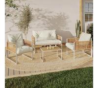 IDMarket – Salon de jardin Rio 4 places, structure métal blanc, cordage rotin clair, coussins beiges