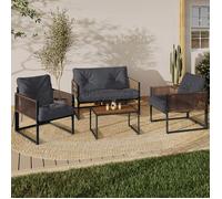 IDMarket Salon de jardin bas RIO 4 places métal gris anthracite cordage effet rotin coussin gris