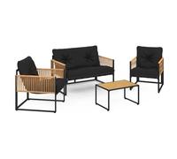 IDMarket – Salon de jardin bas Rio 4 places, structure métal noir, effet rotin clair, coussins noirs