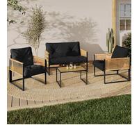 IDMarket – Salon de jardin bas Rio 4 places, structure métal noir, effet rotin clair, coussins noirs