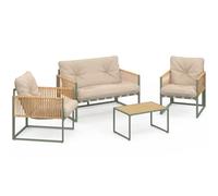 IDMarket - Salon de jardin bas RIO 4 places, métal vert, cordage rotin clair, coussins beige