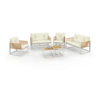 IDMarket – Salon de jardin bas Rio – 6 places, métal blanc, cordage effet rotin, coussins beige