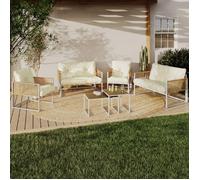 IDMarket – Salon de jardin bas Rio – 6 places, métal blanc, cordage effet rotin, coussins beige