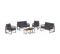 IDMarket Salon de jardin bas Rio 6 places – Métal gris anthracite, cordage effet rotin coussins gris