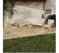 IDMarket – Salon de jardin bas Rio 8 pers. d'angle – Métal blanc cordage effet rotin coussins beiges