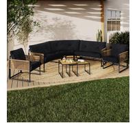 IDMarket - Salon de Jardin Bas Rio 8 Places Salon d'angle Structure métal et Cordage Effet rotin Clair et Coussins Noir