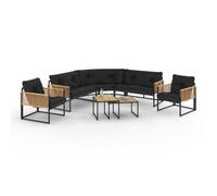 IDMarket - Salon de jardin RIO 8 places bas d'angle métal cordage effet rotin clair coussins noirs