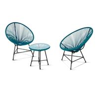IDMarket Salon de jardin Izmir Table et 2 fauteuils oeuf cordage Bleu canard