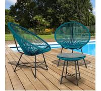IDMarket - Salon de Jardin Izmir Cordage, Bleu Canard | Avec table et 2 fauteuils œuf