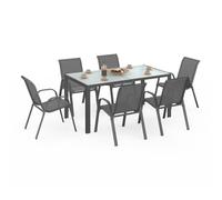 IDMarket Salon de jardin MADRID Table 150 cm et 6 chaises empilables gris anthracite plateau clair
