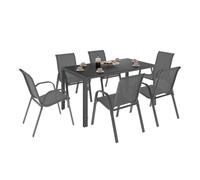 IDMarket – Salon de jardin Madrid – Table 150 cm et 6 chaises empilables – Gris