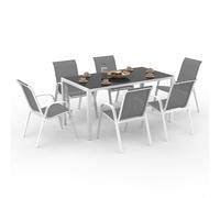 IDMarket – Salon de jardin Madrid – Table 150 cm + 6 chaises empilables – Blanc/Gris