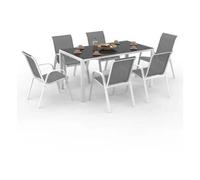 IDMarket – Salon de jardin Madrid – Table 150 cm + 6 chaises empilables – Blanc/Gris