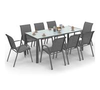 IDMARKET Salon de jardin MADRID 190 cm + 8 chaises empilables Gris anthracite plateau transparent