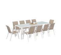 IDMarket - Salon de jardin Madrid, Table 240 cm, 10 chaises empilables, acier blanc, blanc et beige