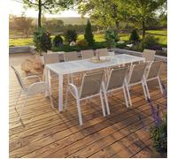IDMarket - Salon de jardin Madrid, Table 240 cm, 10 chaises empilables, acier blanc, blanc et beige